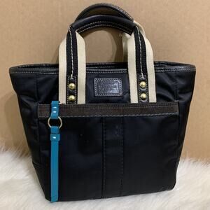 COACH HAMPTON Small Black Sateen Nylon Y2K Vintage MINI TOTE #126 Turquoise Trim